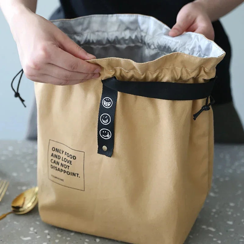 Simple Drawstring Strap Insulated Lunch Bag Drawstring Storage Canvas Lunch Bag Camping Picnic Bag Camping Travel Accessories