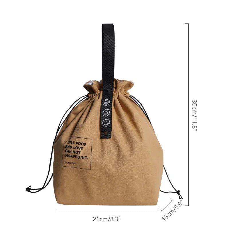 Simple Drawstring Strap Insulated Lunch Bag Drawstring Storage Canvas Lunch Bag Camping Picnic Bag Camping Travel Accessories