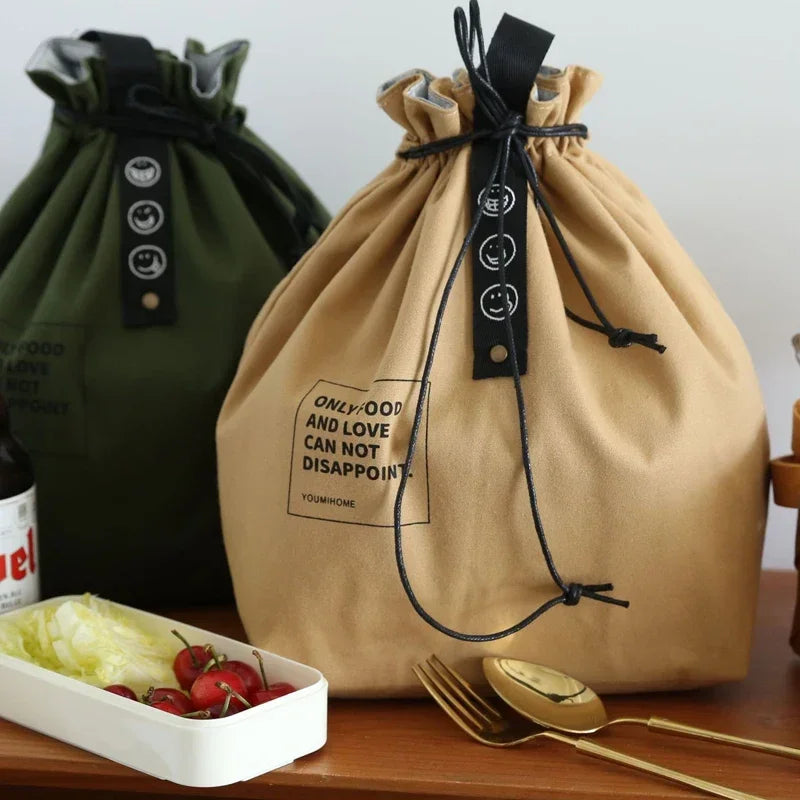 Simple Drawstring Strap Insulated Lunch Bag Drawstring Storage Canvas Lunch Bag Camping Picnic Bag Camping Travel Accessories
